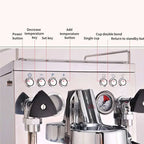 Stainless steel semi-automatic espresso machine with polished chrome finish controls and built-in pressure gauge