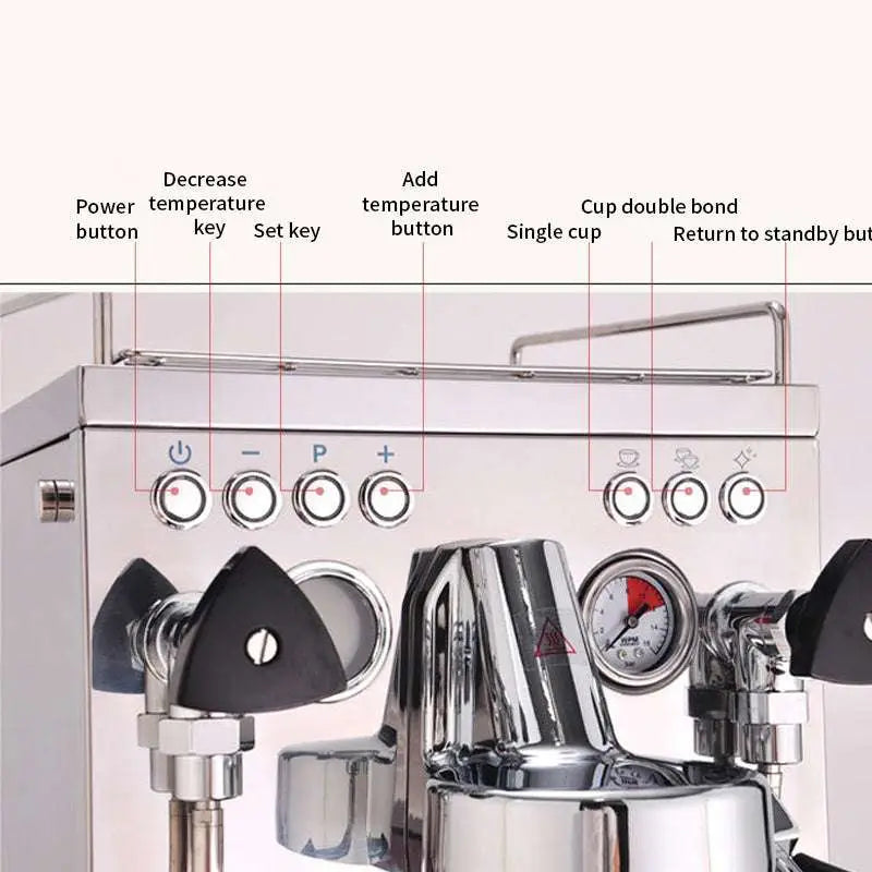 Stainless steel semi-automatic espresso machine with polished chrome finish controls and built-in pressure gauge