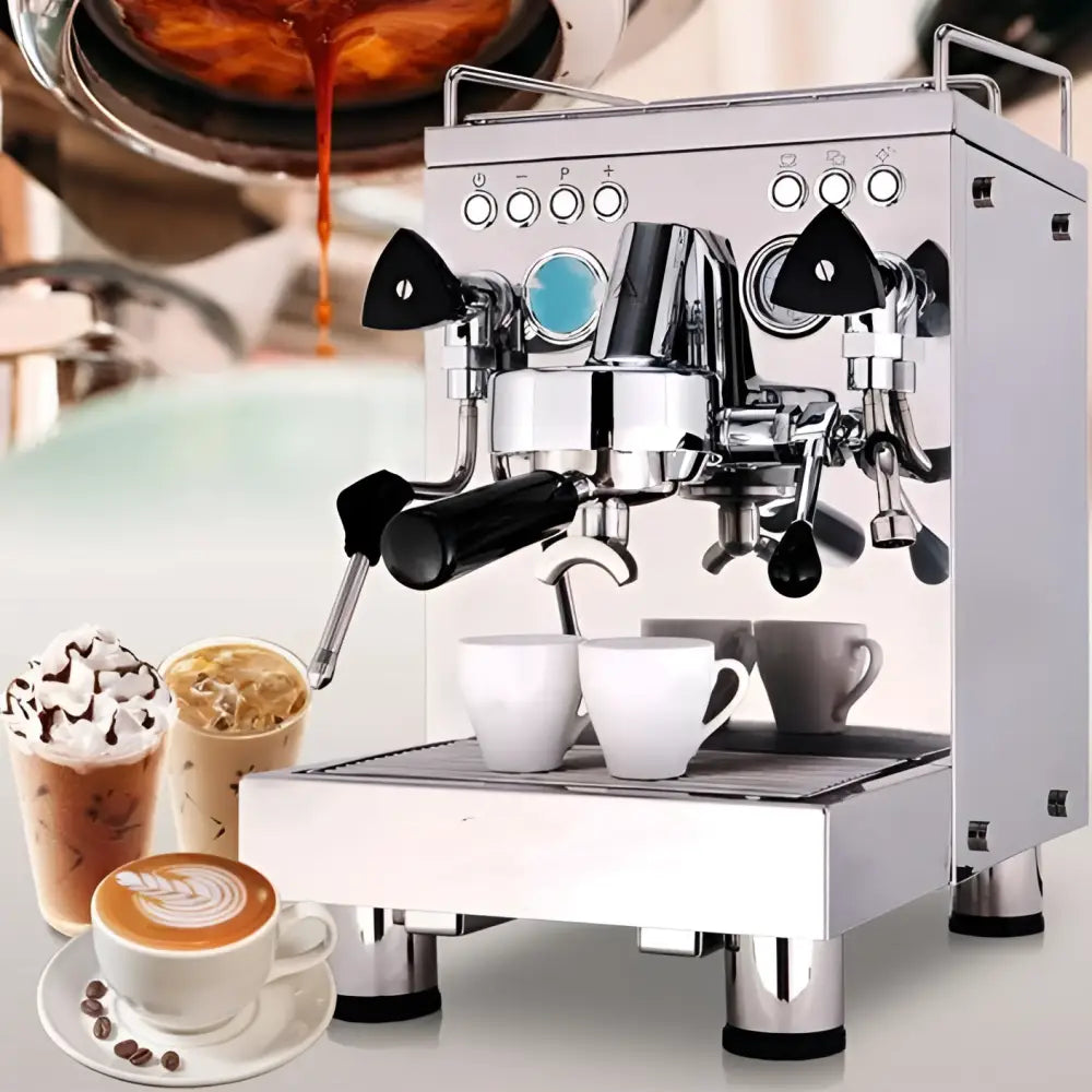 Stainless steel semi-automatic espresso machine with black handles and blue pressure gauge for precise brewing