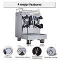 Stainless steel semi-automatic espresso machine with dual group heads black handles and polished chrome finish with pressure gauge