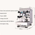 Stainless steel semi-automatic espresso machine with polished chrome finish black accents pressure gauge and three white cups
