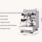 Stainless steel semi-automatic espresso machine with polished chrome finish black accents pressure gauge and three white cups