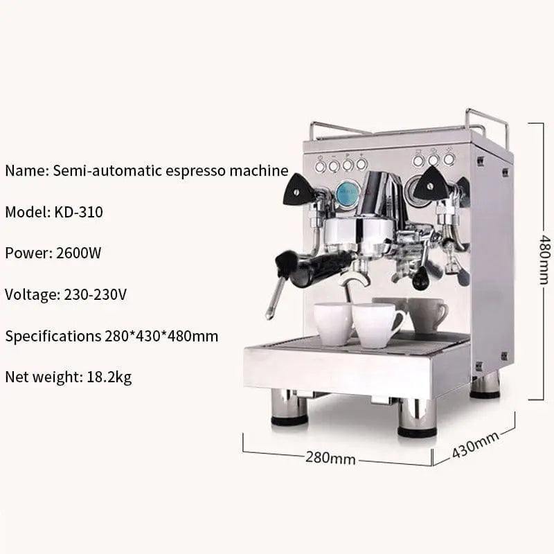 Stainless steel semi-automatic espresso machine with polished chrome finish black accents pressure gauge and three white cups
