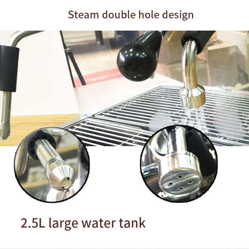 Stainless steel semi-automatic espresso machine with polished chrome finish, pressure gauge, and steam wand double hole design