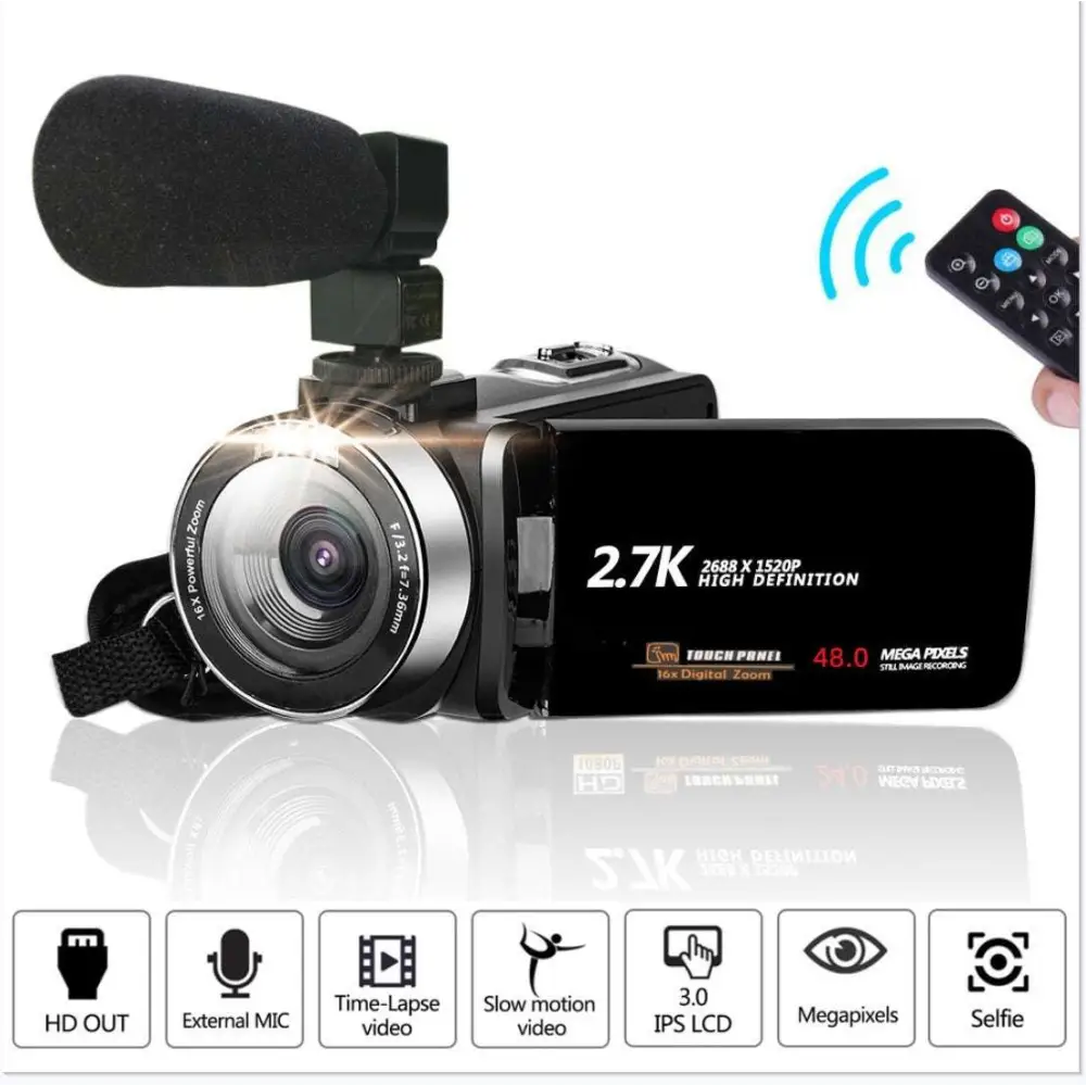 Standard black english digital camcorder dv06s with silver lens ring 48 megapixels hd 2.7k and external microphone