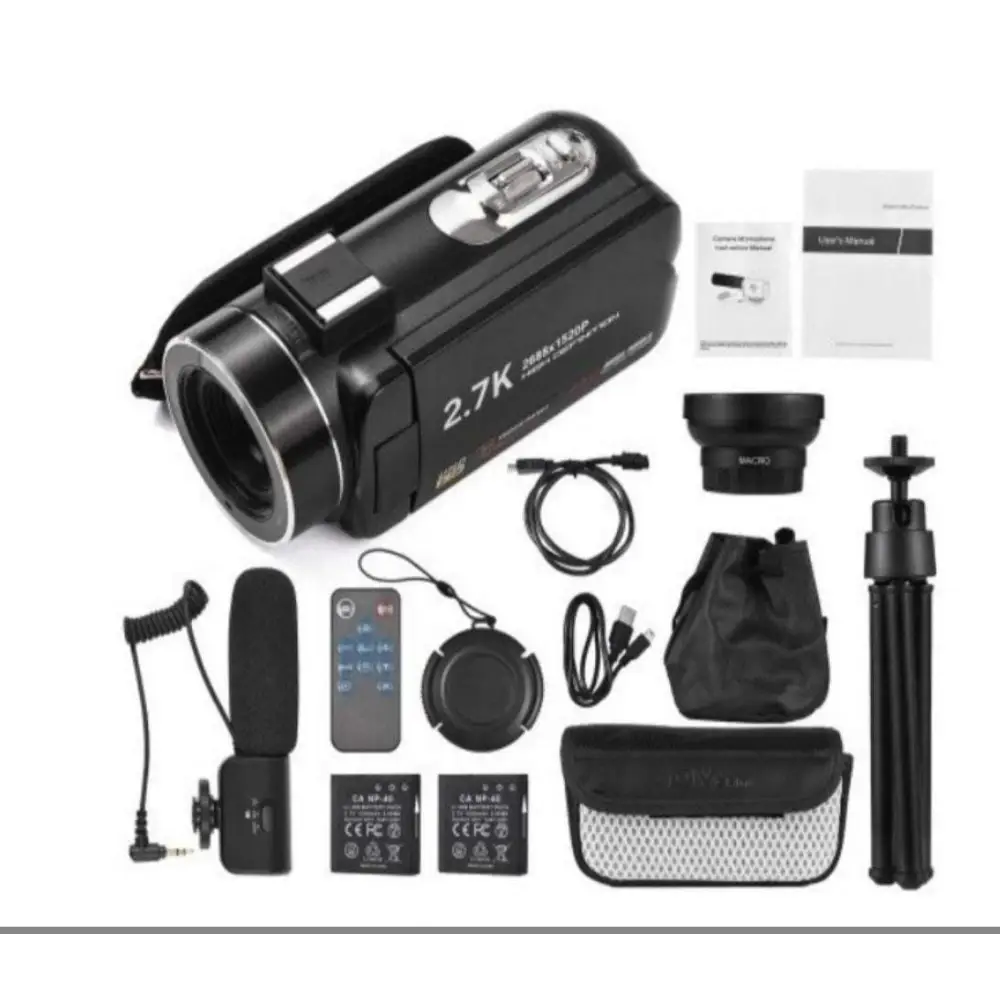 Standard black English 2.7k HD digital camcorder dv06s with sleek ergonomic design silver lens ring and built-in led light on top