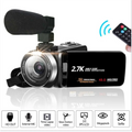 Black and silver digital camcorder dv06s with 2.7k hd, 48 megapixels, external microphone, touch panel, and silver lens ring