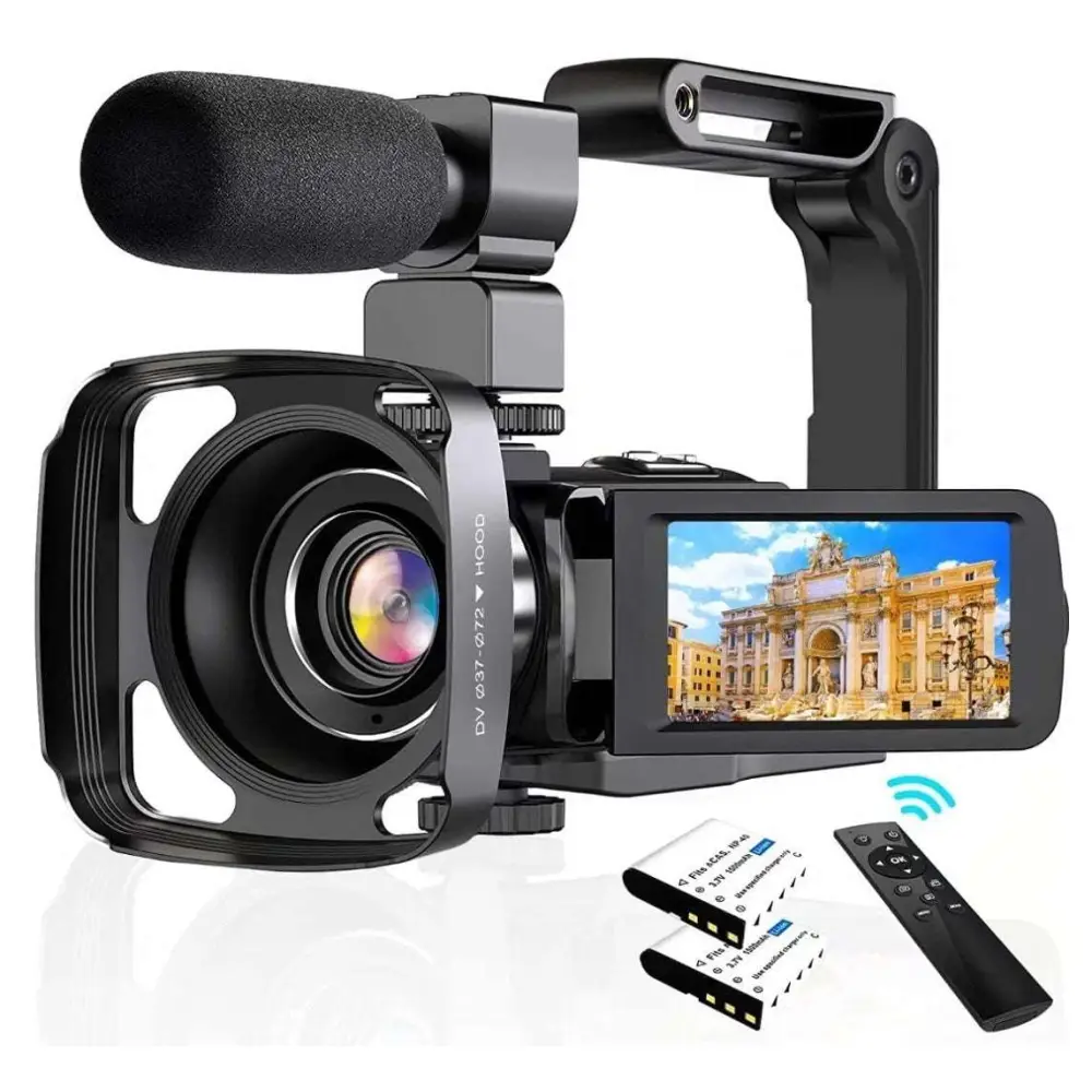 Standard black digital camcorder dv06s with silver lens ring, hooded design, mounted microphone, and flip-out screen showing architecture