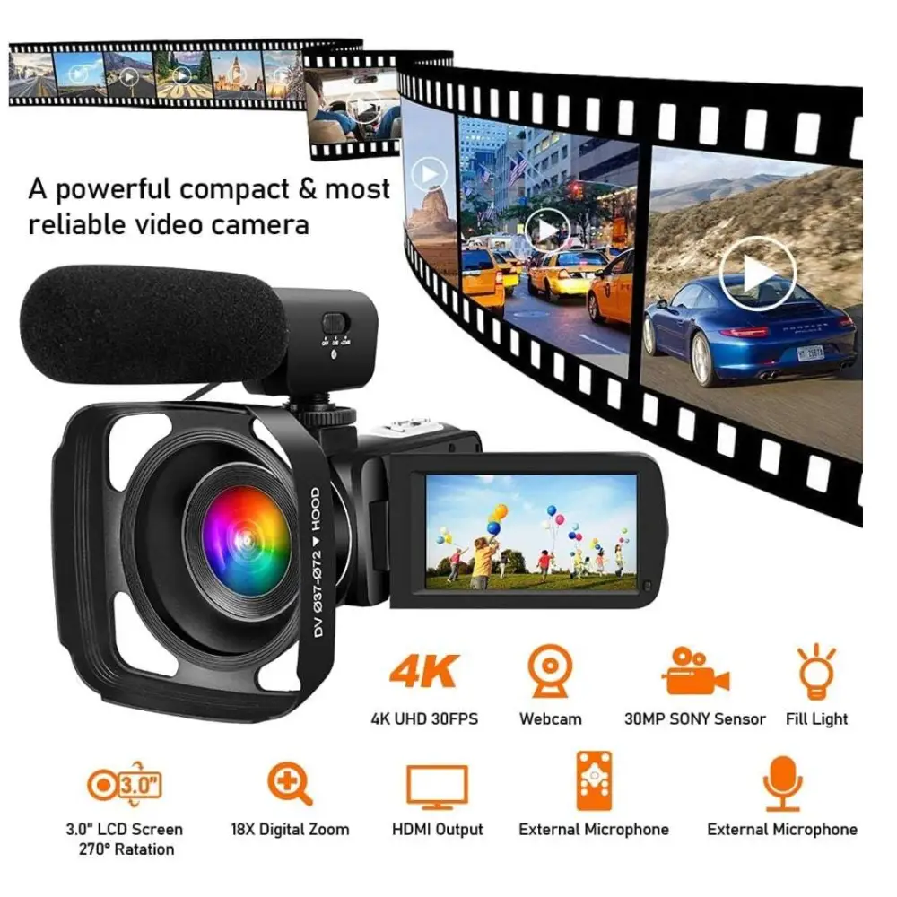 Black digital camcorder dv06s with 3.0-inch lcd screen, external microphone mount, and silver lens ring featuring rainbow colors