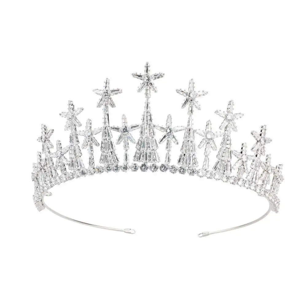 A silver zircon headdress with star and tree-shaped crystal embellishments for formal dress accessories