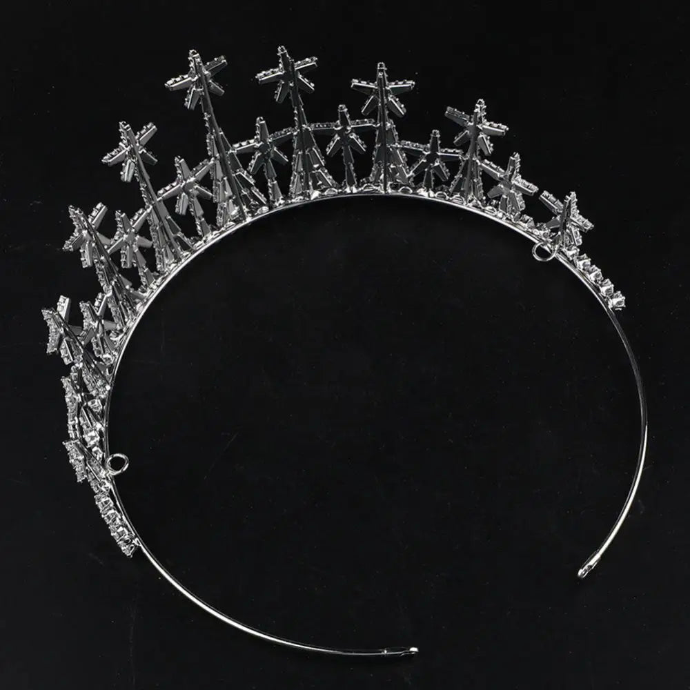 Silver zircon headdress with intricate cross and star-shaped embellishments for formal dress accessories