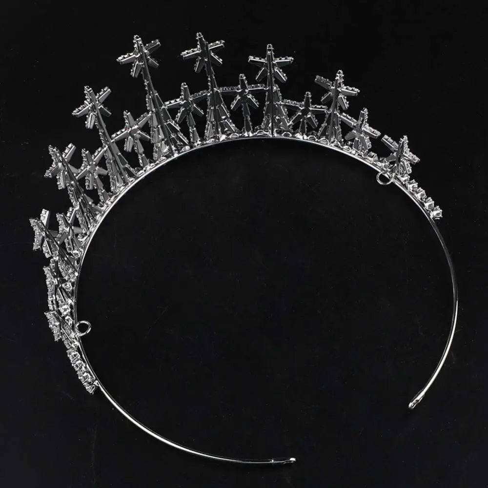 A sparkling silver zircon headdress with star and tree-shaped crystals for formal dress accessories
