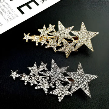 Star diamond barrettes in gold and silver featuring small pentagrams adorned with sparkling rhinestones for pentagrams head styling