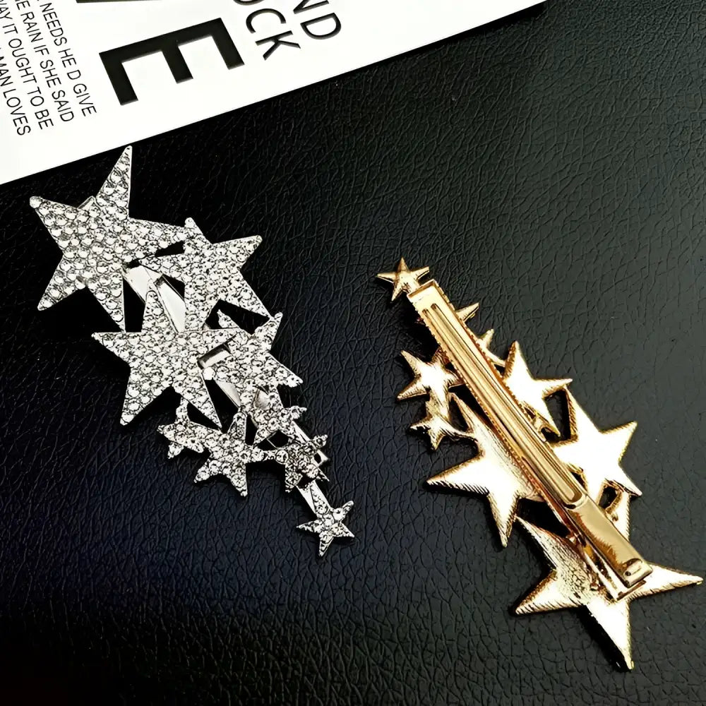 Star diamond barrettes in gold and silver featuring small pentagrams adorned with sparkling rhinestones for pentagrams head styling