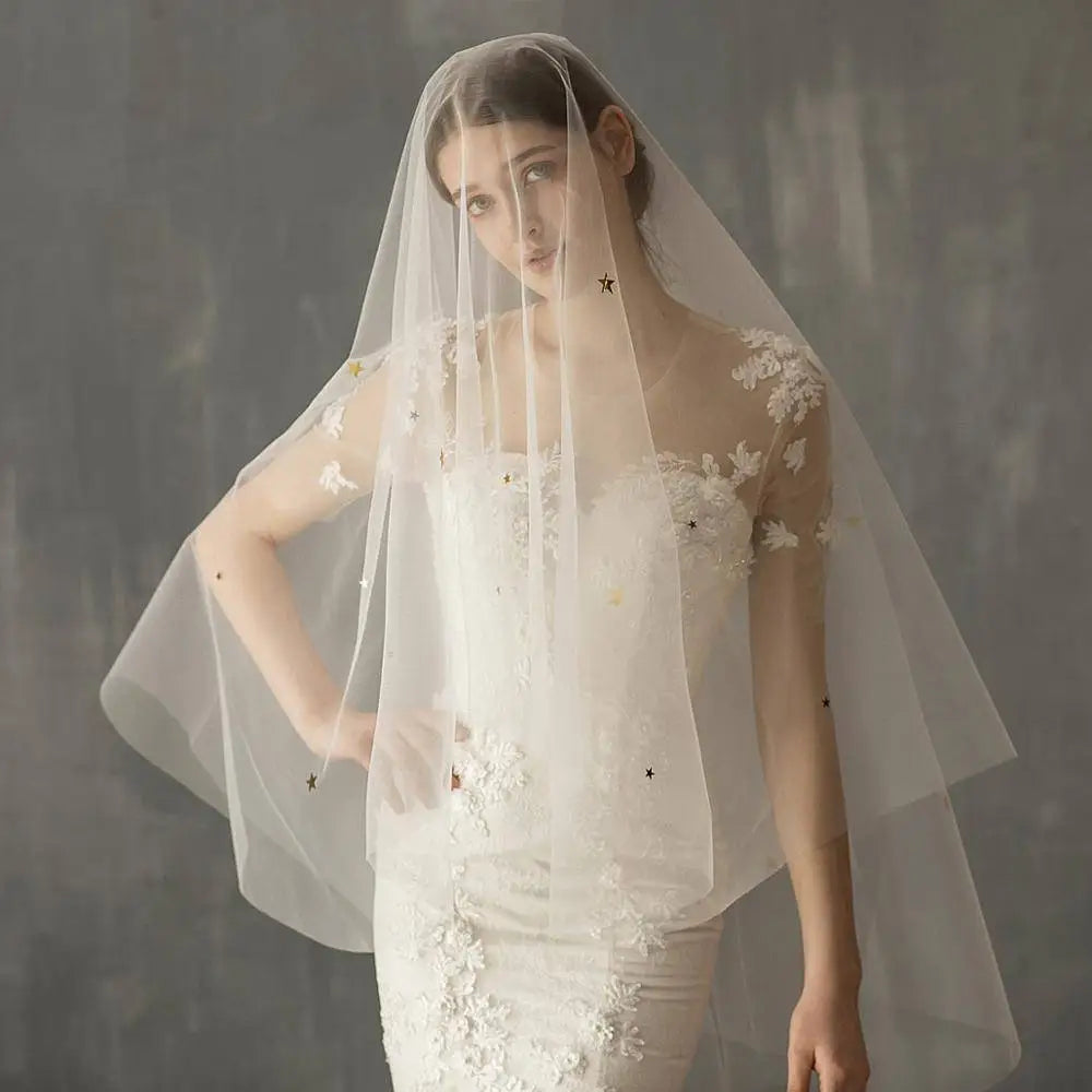 A delicate white lace bridal veil with floral embroidery and subtle star embellishments in variable mso-font-signature design