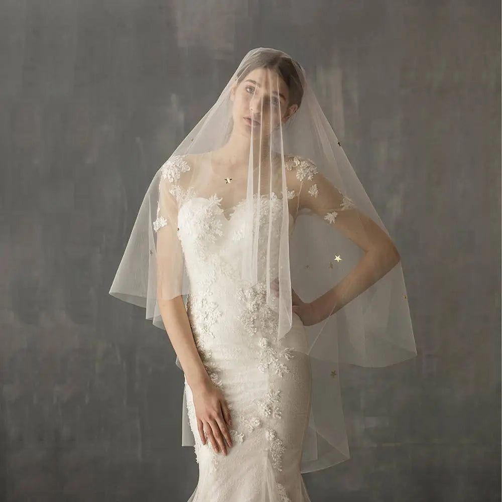 A delicate sheer white lace bridal veil with floral embroidery and subtle star-shaped embellishments in variable mso-font-signature design