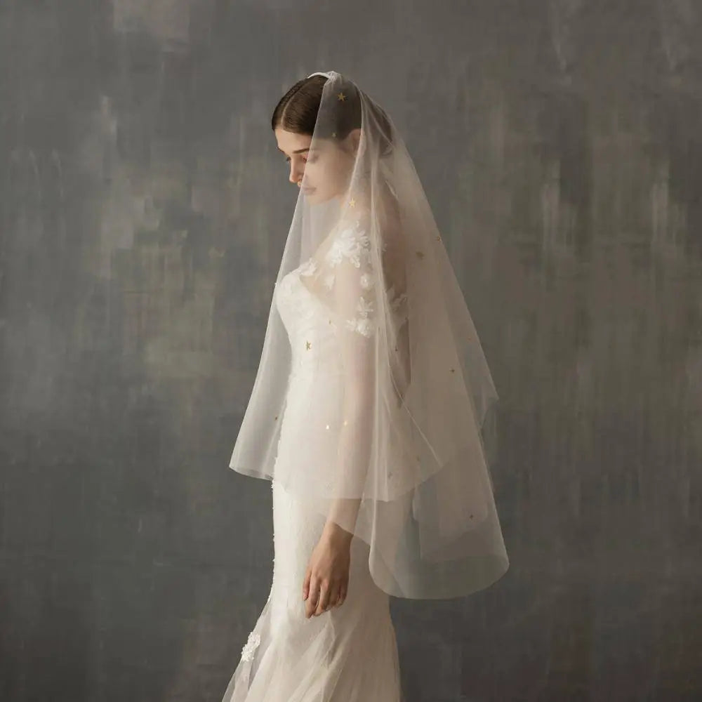 A delicate white lace bridal veil with floral embroidery and tiny star-shaped embellishments in variable mso-font-signature design