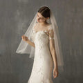 A delicate sheer white lace bridal veil with floral embroidery and subtle golden stars in variable mso-font-signature design