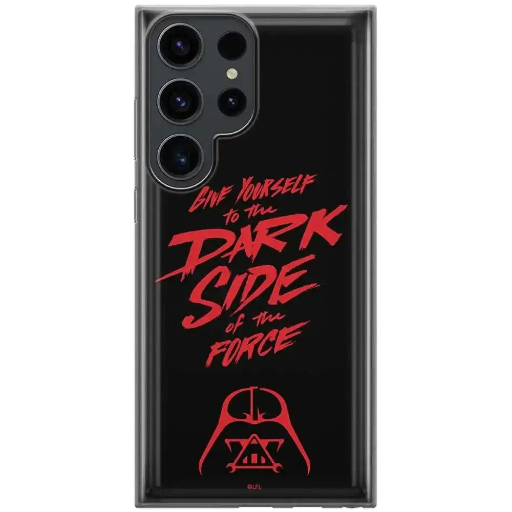 Back of black transparent samsung s23 ultra phone case with bold red give yourself to the dark side star wars darth vader design