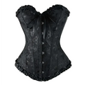 Black steampunk corset with intricate silver floral embroidery and ruffled trim made from high-quality materials