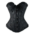 Black steampunk corset with intricate silver floral embroidery and ruffled trim crafted from high-quality materials