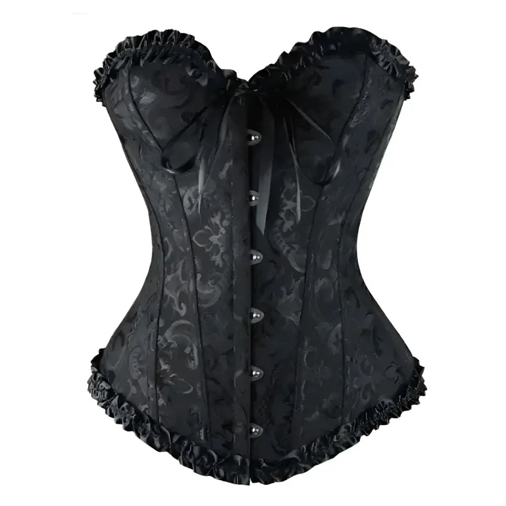 Black steampunk corset with intricate silver floral embroidery and ruffled trim made from high-quality materials