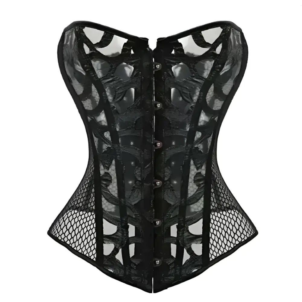 Black lace steampunk corset with intricate detailing floral patterns and mesh panel design made from high-quality materials
