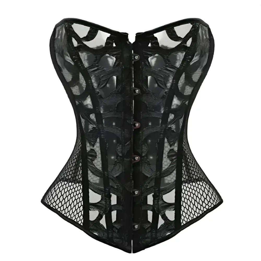 Black lace steampunk corset with intricate detailing floral patterns and mesh panel made from high-quality materials