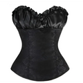 Black satin steampunk corset with intricate detailing featuring a ruffled neckline and subtle floral embroidery made from high-quality materials