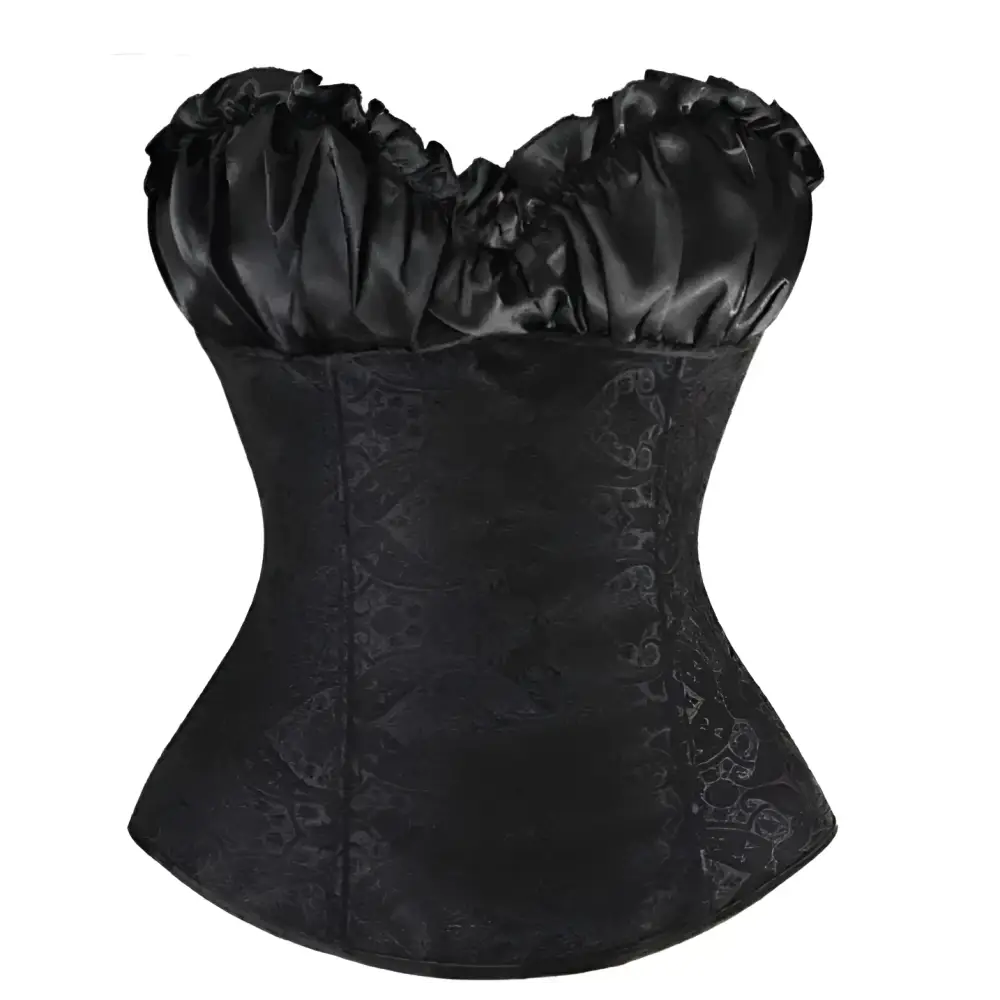 Black satin steampunk corset bustier with intricate detailing ruffled neckline and subtle floral embroidery using high-quality materials