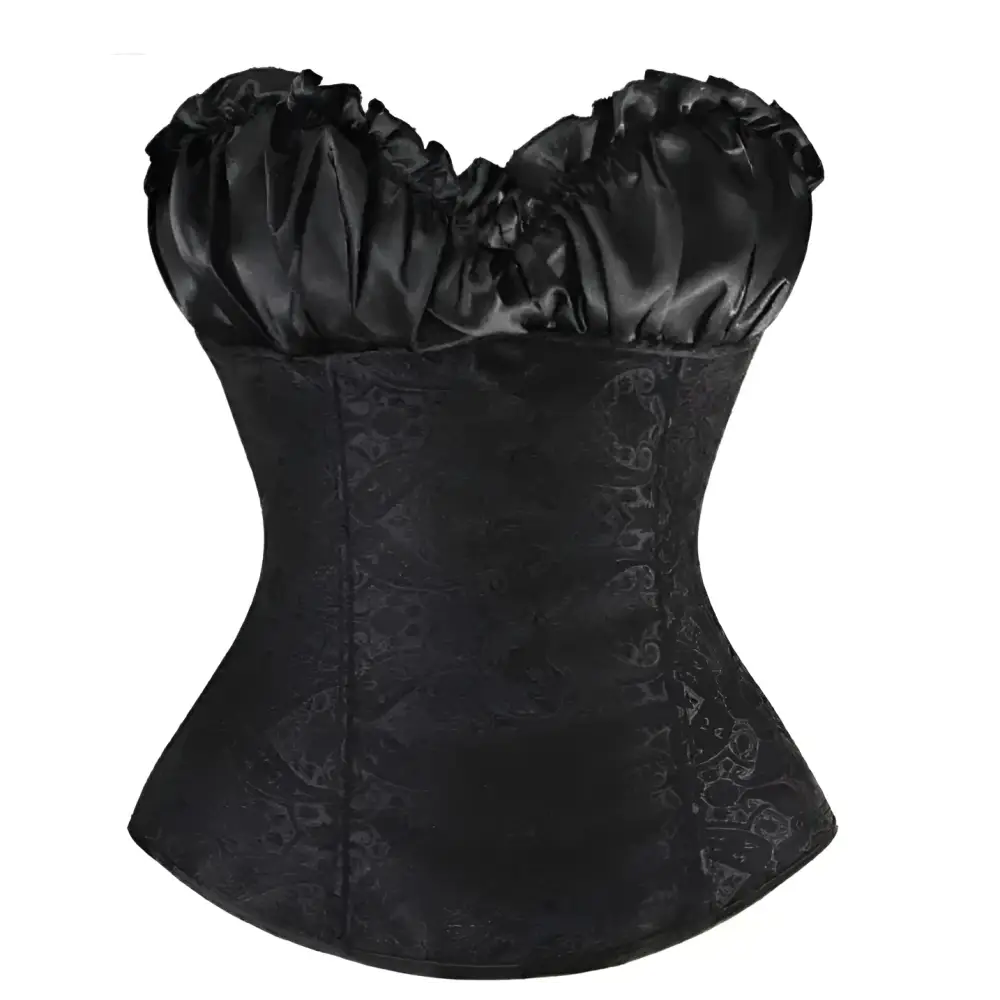 Black satin steampunk corset with intricate detailing featuring ruffled bust and high-quality paisley pattern materials