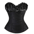 Black satin steampunk corset with ruffled bust, intricate paisley detailing, and high-quality materials