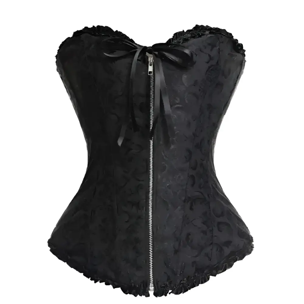 Black lace steampunk corset with intricate detailing, central zipper, decorative bow, and high-quality materials