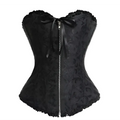 Black lace steampunk corset with intricate detailing a central zipper and decorative bow made from high quality materials