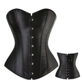 Black satin steampunk corset with silver-toned buttons and intricate detailing shown with a matching smaller version