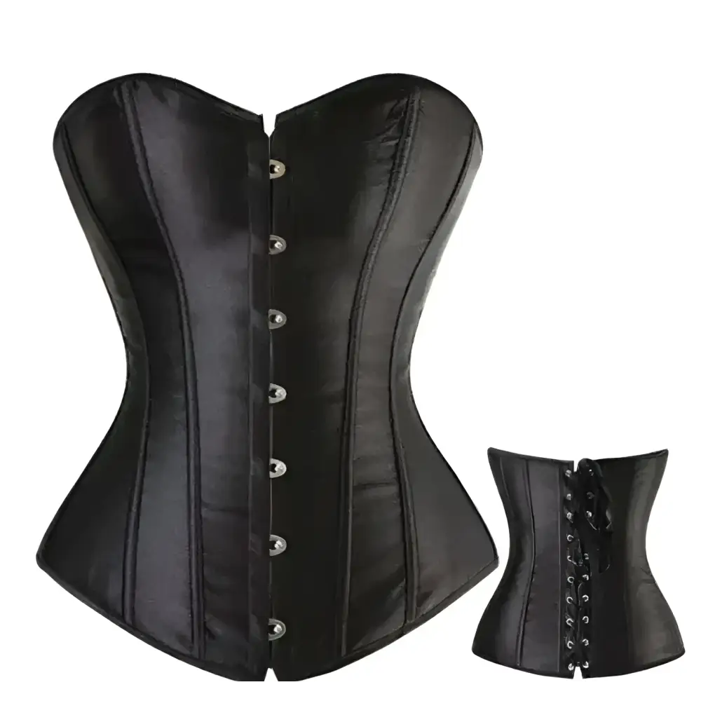 Black satin steampunk corset with silver-toned buttons and intricate detailing shown with a matching smaller version