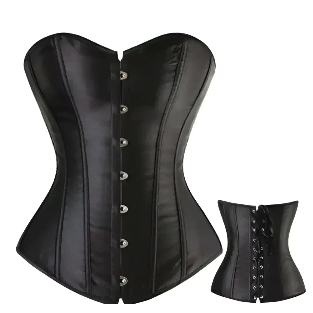 Black satin steampunk corset with intricate detailing, silver-toned buttons, and high-quality structured hourglass silhouette