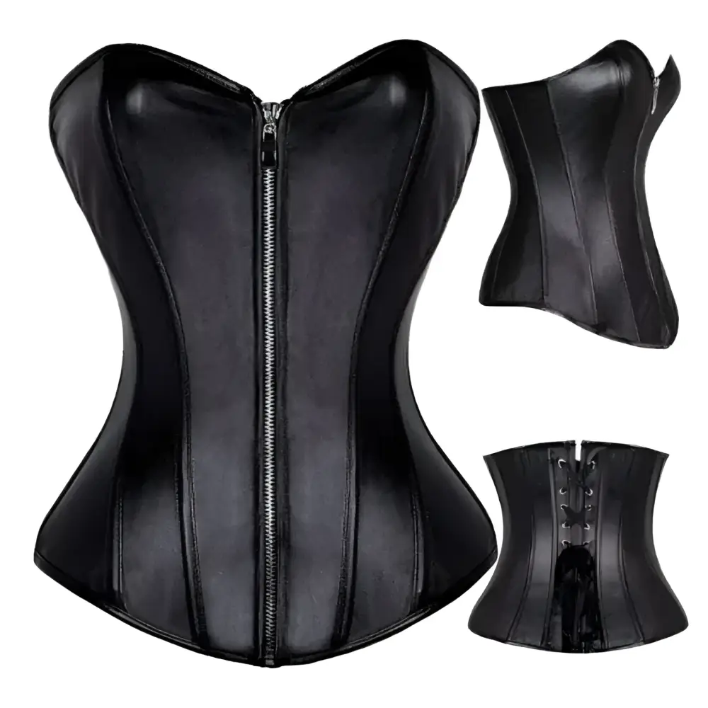 Black steampunk corset made of high-quality faux leather with a central zipper and intricate detailing