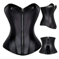 Black faux leather steampunk corset with front zipper side lacing and intricate detailing in high-quality materials