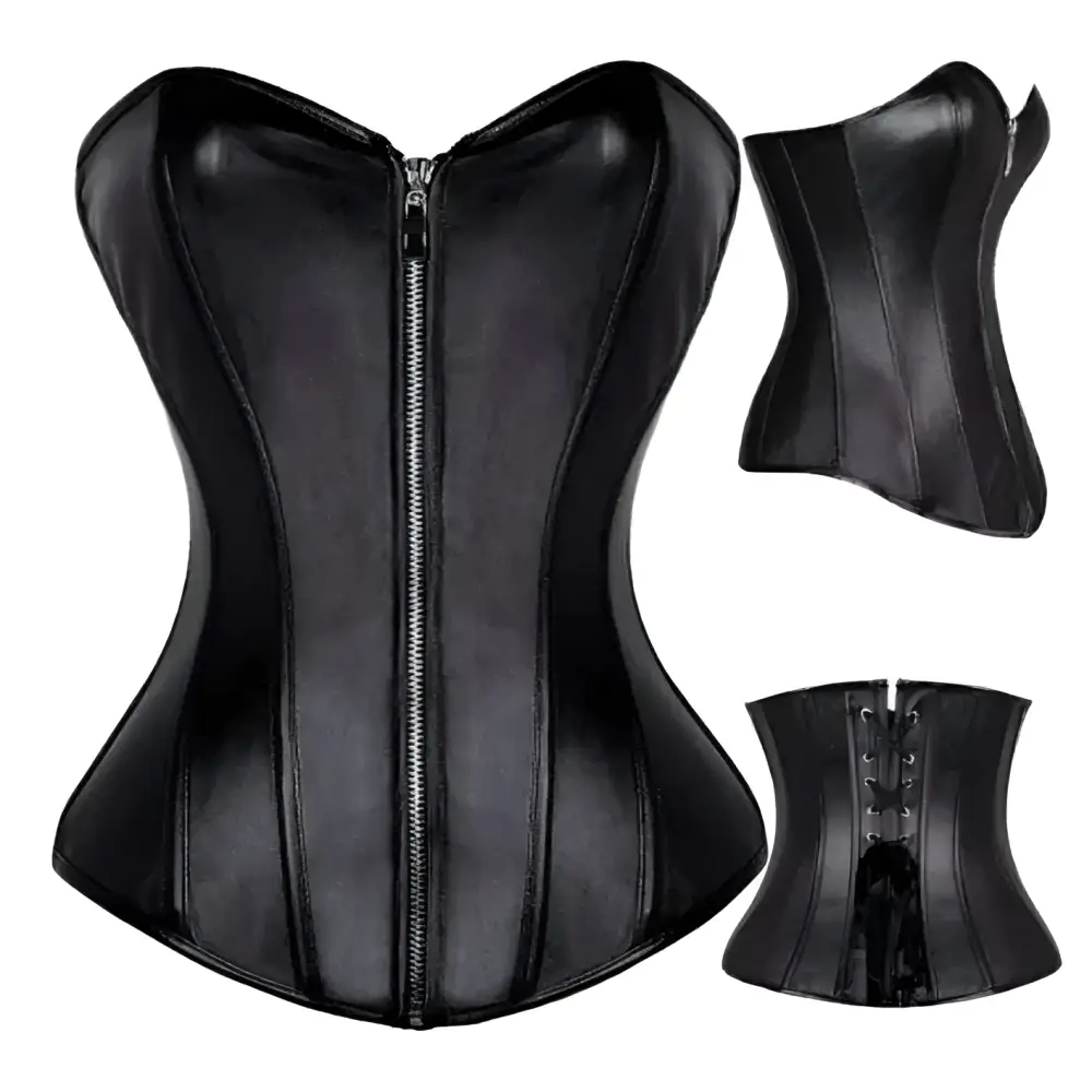Black faux leather steampunk corset with front zipper side lacing and intricate detailing in high-quality materials