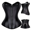 Black faux leather steampunk corset with central zipper and intricate detailing made from high-quality materials