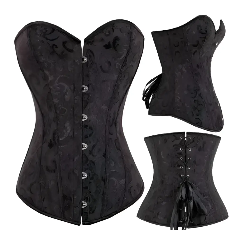Black steampunk corset with intricate dark floral embroidery and silver-toned buttons made of high-quality materials