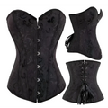 Black steampunk corset with intricate detailing featuring dark floral embroidery and silver-toned buttons in high-quality materials