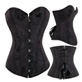Black steampunk corset with intricate detailing featuring dark patterned fabric and silver-toned buttons made from high-quality materials