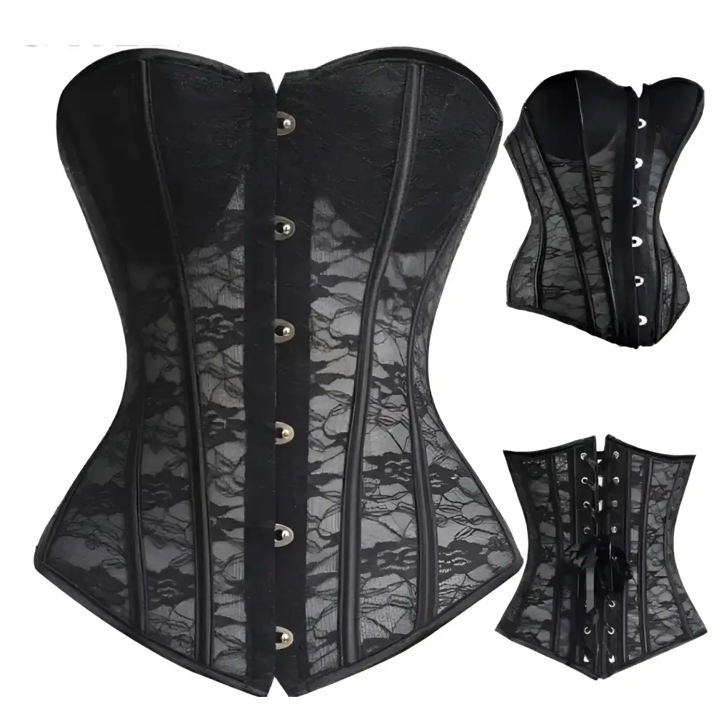 Black lace steampunk corset with intricate detailing silver-toned buttons and adjustable lacing made from high-quality materials