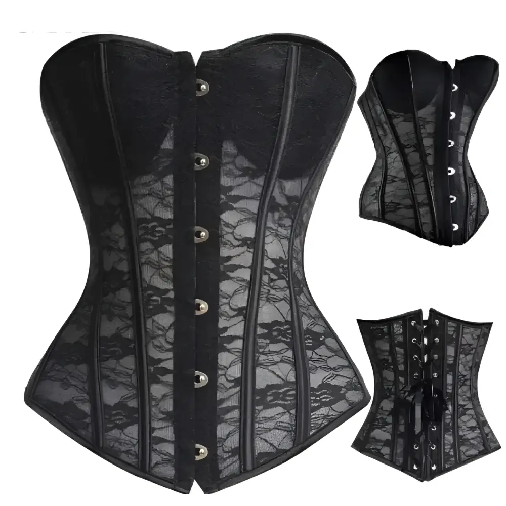 Steampunk corset in black lace with silver-toned buttons, intricate detailing, and structured hourglass silhouette using high-quality materials
