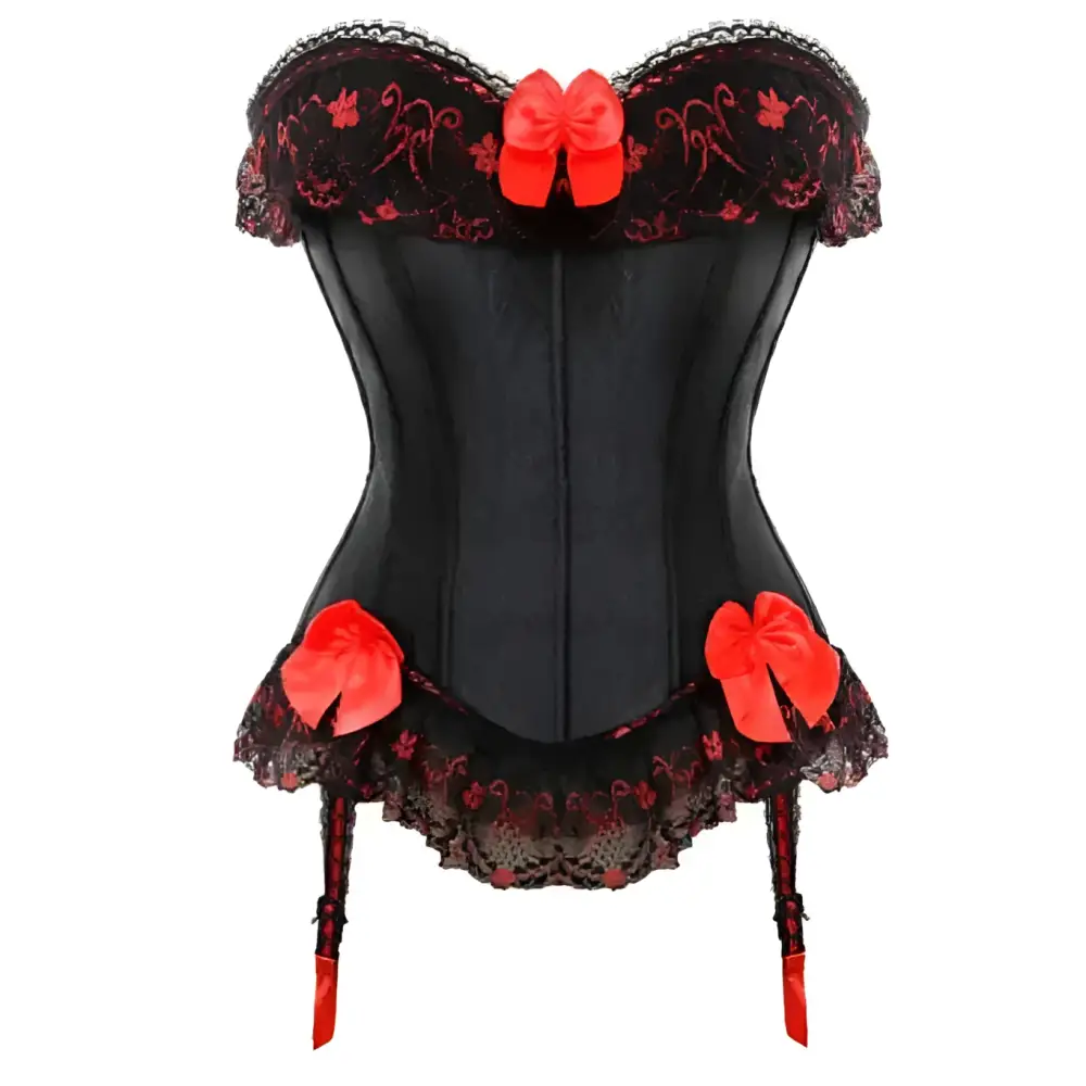 Black steampunk corset with intricate detailing, red lace trim, and satin bows crafted from high-quality materials