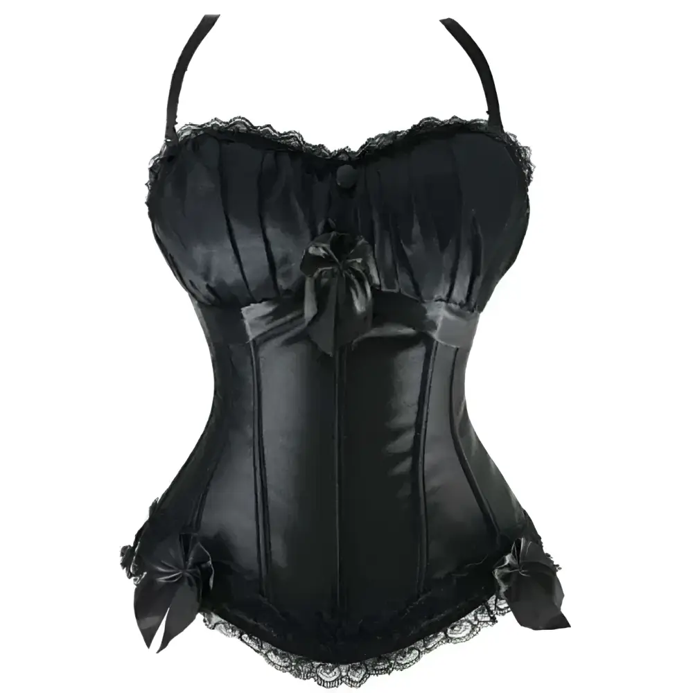 Black satin steampunk corset with intricate detailing lace trim and ribbon bows made from high-quality materials