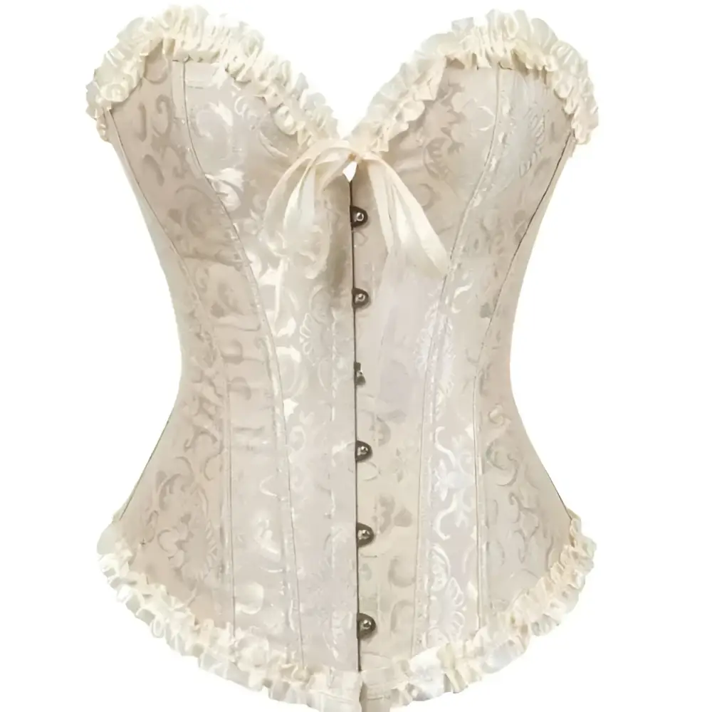 Cream-colored steampunk corset with intricate detailing featuring delicate floral embroidery and ruffled trim in high-quality materials