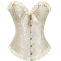 Cream-colored steampunk corset with intricate detailing in silver embroidery and lace trim made from high-quality materials